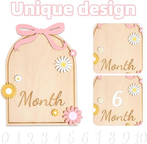 Baby Monthly Milestone Card ، Bow & Flower Wooden Baby Discor مع 11 رقمًا لطيفًا لعلامات المعالم المولودة حديثي الولادة. in Saudi Arabia