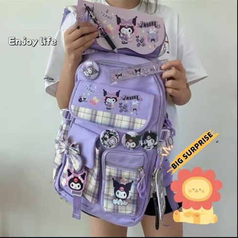 حقيبة الظهر Kawaii مع إكسسوارات 18pcs الرسوم المتحركة الرسوم المتحركة المضادة للسرقة سفر حقيبة الفصل الدراسي الجديد مع دبابيس لطيفة in Kuwait
