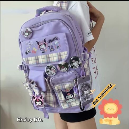 حقيبة الظهر Kawaii مع إكسسوارات 18pcs الرسوم المتحركة الرسوم المتحركة المضادة للسرقة سفر حقيبة الفصل الدراسي الجديد مع دبابيس لطيفة in Kuwait