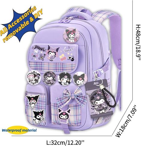 حقيبة الظهر Kawaii مع إكسسوارات 18pcs الرسوم المتحركة الرسوم المتحركة المضادة للسرقة سفر حقيبة الفصل الدراسي الجديد مع دبابيس لطيفة in Kuwait