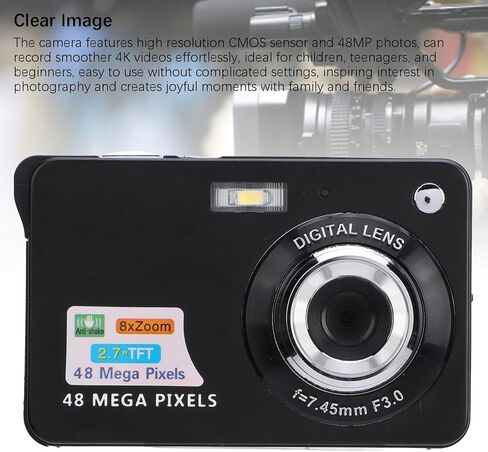 48MP 4K Digital Camera with 8X Zoom, 20 Filters for Kids Vlogging, Selfie Mode, Record Daily Moments, Travel Selfies, Video Recording, Flip Screen, Compact Camera, Built in Flash in Kuwait