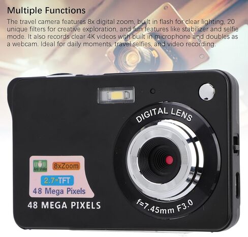 48MP 4K Digital Camera with 8X Zoom, 20 Filters for Kids Vlogging, Selfie Mode, Record Daily Moments, Travel Selfies, Video Recording, Flip Screen, Compact Camera, Built in Flash in Kuwait