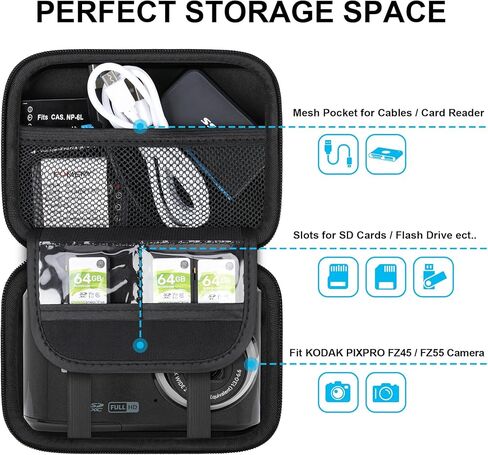 علبة كاميرا Lacdo متوافقة مع Kodak Pixpro FZ45 / FZ55 / FZ53 / FZ43 16MP VLOGGAGE CAMERT DIGITAGE ، BLACK EVA Storage Camera Storage ، BACTERS MESH POCKEN in Kuwait