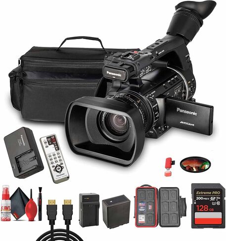 Panasonic AG-AC160 AVCCAM HD Camcorder – 22x Zoom Lens, 3MOS Sensor, Dual SD Card Slots, 1080p/60p Recording + 128GB Memory Card + Replacement Battery + Replacement Charger + USB Card Reader + More in Saudi Arabia
