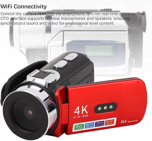 4K 64MP Camcorder Video Camera, WiFi Vlog Camera with 3.0 Inch 180° Rotation Screen, LED Fill Light, 4800mAh Battery Digital Video Recorder for Travel Photography in Saudi Arabia