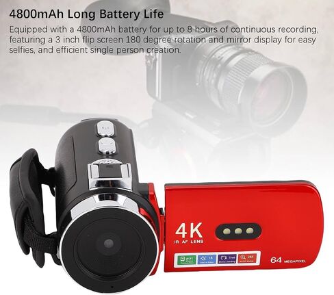 4K 64MP Camcorder Video Camera, WiFi Vlog Camera with 3.0 Inch 180° Rotation Screen, LED Fill Light, 4800mAh Battery Digital Video Recorder for Travel Photography in Saudi Arabia
