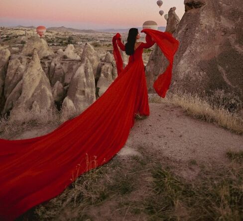 Satin Long Flying Dress | Flying Dres for Photoshoot with Flared Sleeves | Long Flying Dres | Santorini Dres Brown in Saudi Arabia