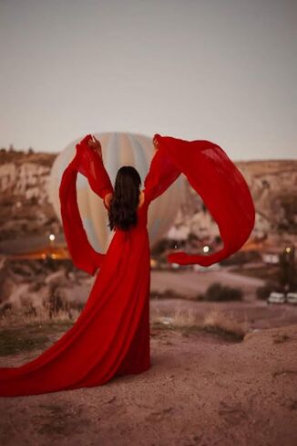 Satin Long Flying Dress | Flying Dres for Photoshoot with Flared Sleeves | Long Flying Dres | Santorini Dres Brown in Saudi Arabia