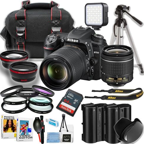 Nikon D7500 DSLR Camera W/AF-P 18-55mm Lens + Sandisk 64GB Ultra Card + Tripod + Camera Case + Bare High Colacity Batule + More (حزمة 18pc) in Kuwait