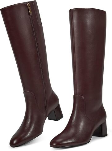 wetkiss Low Heel Knee High Boots for Women Regular Calf Friendly Side Zipper Almond Toe Faux Leather Comfortable Boots for Walking, Dancing, Standing for Long Periods With No Pain in Saudi Arabia