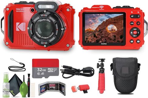 KODAK PIXPRO WPZ2 Rugged Waterproof Shockproof Dustproof WiFi Digital Vlogging Camera 16MP (Red) Bundle with 32GB Memory Card + Vlogger Tripod + Bag + Cleaning Kit + More Accessories in Saudi Arabia