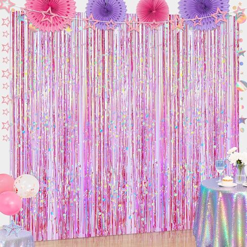 4 Packs Pink Foil Fringe Curtain with 1pcs Rose Gold Star Garland, Iridescent Party Decorations Pink Glitter Metallic Tinsel Backdrop for Birthday Wedding Unicorn Princess Party Decorations in Kuwait