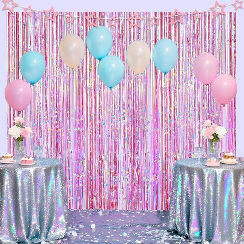 4 Packs Pink Foil Fringe Curtain with 1pcs Rose Gold Star Garland, Iridescent Party Decorations Pink Glitter Metallic Tinsel Backdrop for Birthday Wedding Unicorn Princess Party Decorations in Kuwait