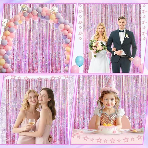 4 Packs Pink Foil Fringe Curtain with 1pcs Rose Gold Star Garland, Iridescent Party Decorations Pink Glitter Metallic Tinsel Backdrop for Birthday Wedding Unicorn Princess Party Decorations in Kuwait