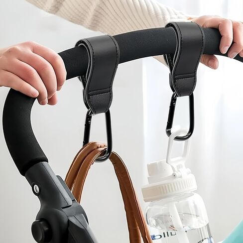 2pcs Stroller Hooks, Multipurpose Hooks for Hanging Diaper Bags, Grocery Shopping Bags, Faux Leather Pram Straps (Black) in Saudi Arabia