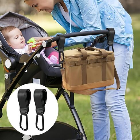 2pcs Stroller Hooks, Multipurpose Hooks for Hanging Diaper Bags, Grocery Shopping Bags, Faux Leather Pram Straps (Black) in Saudi Arabia