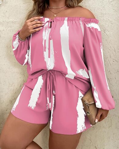​​Women 2 Piece Plus Size Tie Dye Striped Print Frill Off Shoulder Top Shorts Set Daily Office Beach Vacation Summer Outfit​ in Saudi Arabia