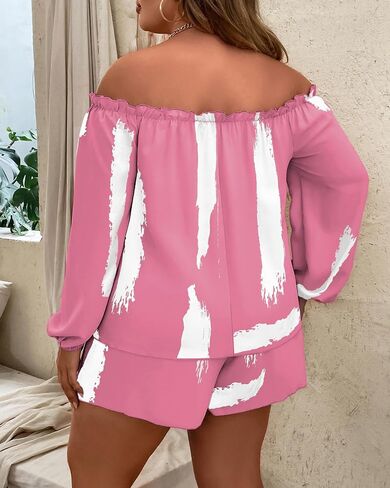 ​​Women 2 Piece Plus Size Tie Dye Striped Print Frill Off Shoulder Top Shorts Set Daily Office Beach Vacation Summer Outfit​ in Saudi Arabia