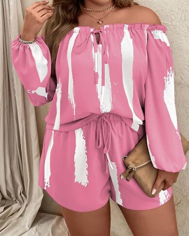 ​​Women 2 Piece Plus Size Tie Dye Striped Print Frill Off Shoulder Top Shorts Set Daily Office Beach Vacation Summer Outfit​ in Saudi Arabia
