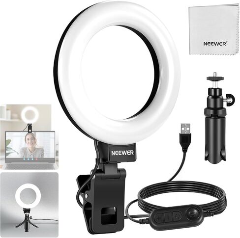 NEEWER Basics 5" Ring Light with Mini Tripod Stand for Desk Video Conference Lighting, Clip on Streaming Kit for Monitor Webcam Laptop Computer Makeup Selfies Video Recording, Cleaning Cloth, BR60 in Kuwait