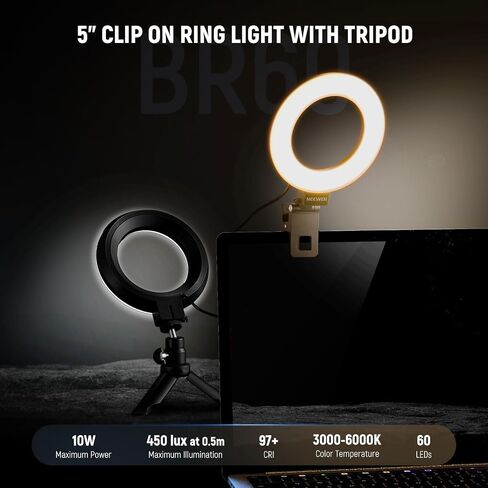 NEEWER Basics 5" Ring Light with Mini Tripod Stand for Desk Video Conference Lighting, Clip on Streaming Kit for Monitor Webcam Laptop Computer Makeup Selfies Video Recording, Cleaning Cloth, BR60 in Kuwait