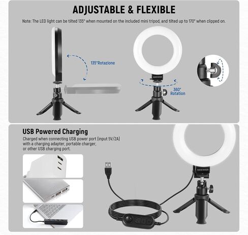 NEEWER Basics 5" Ring Light with Mini Tripod Stand for Desk Video Conference Lighting, Clip on Streaming Kit for Monitor Webcam Laptop Computer Makeup Selfies Video Recording, Cleaning Cloth, BR60 in Kuwait