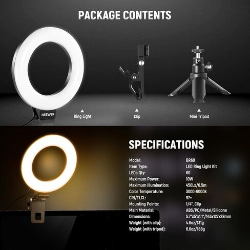 NEEWER Basics 5" Ring Light with Mini Tripod Stand for Desk Video Conference Lighting, Clip on Streaming Kit for Monitor Webcam Laptop Computer Makeup Selfies Video Recording, Cleaning Cloth, BR60 in Kuwait