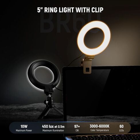 NEWER BASICS 5 "LING LIGHT مع MINI TRUPOD Stand لإضاءة مؤتمرات الفيديو ، مقطع على مجموعة البث الخاصة بشاشة COM COM COMPORT MAPTER SERSIUP تسجيل الفيديو ، القماش التنظيف ، BR60 in Kuwait