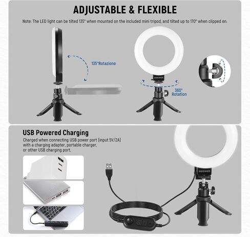 NEWER BASICS 5 "LING LIGHT مع MINI TRUPOD Stand لإضاءة مؤتمرات الفيديو ، مقطع على مجموعة البث الخاصة بشاشة COM COM COMPORT MAPTER SERSIUP تسجيل الفيديو ، القماش التنظيف ، BR60 in Kuwait