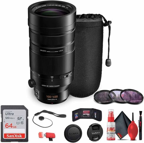 Panasonic Leica DG vario-elmar 100-400mm f/4-6.3 عدسة الطاقة (H-RSA100400) بما في ذلك: بطاقة ذاكرة 64 جيجابايت ، مجموعة مرشح من 3 قطع ، حقيبة عدسة ، قبعات عدسة ، حارس غطاء العدسة ، مجموعة التنظيف الكاملة ، المزيد in Kuwait