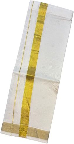 Traditional Kerala Cotton Dhoti/Mund with Gold Border, White and Gold, Handloom Weave for 28th day function, Rice Ceremony, Vishu, Onam in Saudi Arabia