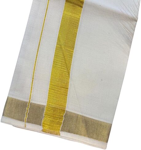Traditional Kerala Cotton Dhoti/Mund with Gold Border, White and Gold, Handloom Weave for 28th day function, Rice Ceremony, Vishu, Onam in Saudi Arabia