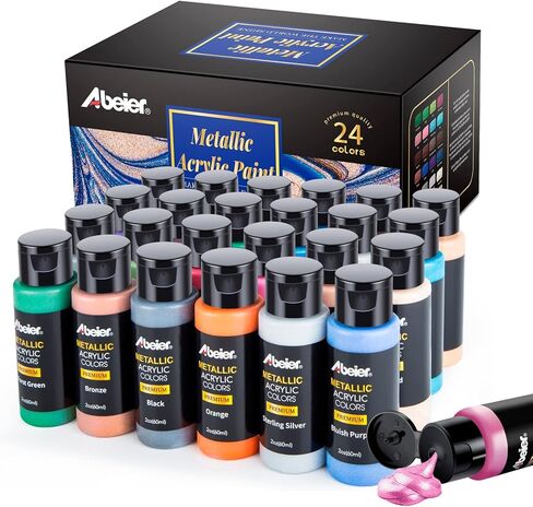 ABEIER Acrylic Paint Set, 24 Colors (60ml/2oz) with 12Paint Brushes, Non-Toxic, Waterproof, Strong Coverage for Kids Adults Beginners Students, Painting on Canvas Stone Wood Fabric Rocks Ceramic in Kuwait