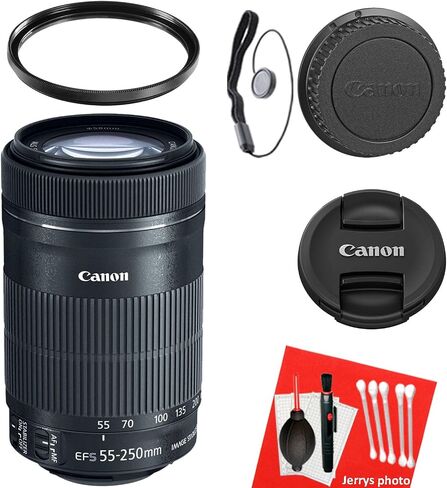 Canon EF-S 55-250mm f/4-5.6 is STM Lens for Canon EF-S-Mount APS-C DSLRs + UV Filter + Dust Blower + Sensor Brush Pen + Cap Keeper (8pc Bundle) (Renewed), Black in Saudi Arabia