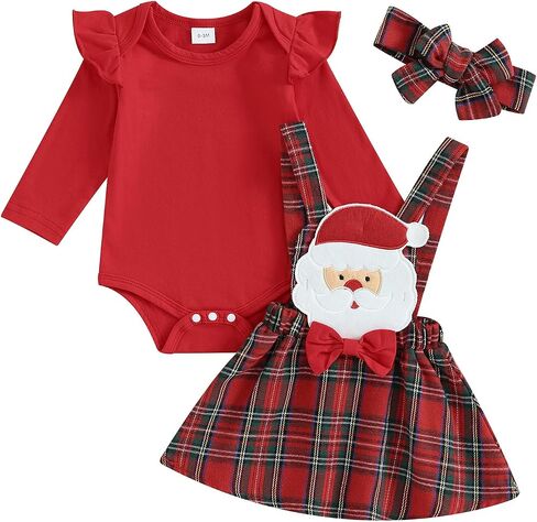 Newborn Baby Girl Christmas Outfit Ruffle Sleeve Plaid Skirt Set Soild Romper Bodysuit 3Pcs Winter Clothes in Saudi Arabia