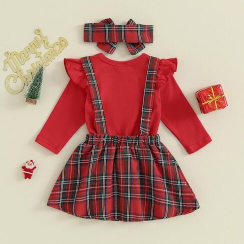 Newborn Baby Girl Christmas Outfit Ruffle Sleeve Plaid Skirt Set Soild Romper Bodysuit 3Pcs Winter Clothes in Saudi Arabia