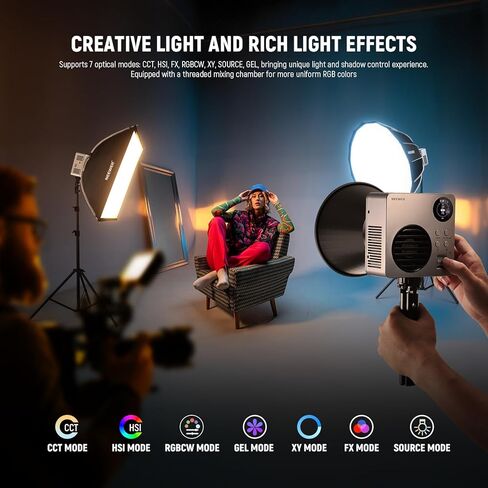 NEEWER HB80C RGBWW LED Video Light, 80W Mini RGB COB Continuous Output Lighting Bowens Mount Handheld Spotlight 2500K-7500K, 10400lux/m, 18 Effects with Q200 200Ws 2.4G TTL Outdoor Studio Flash in Saudi Arabia