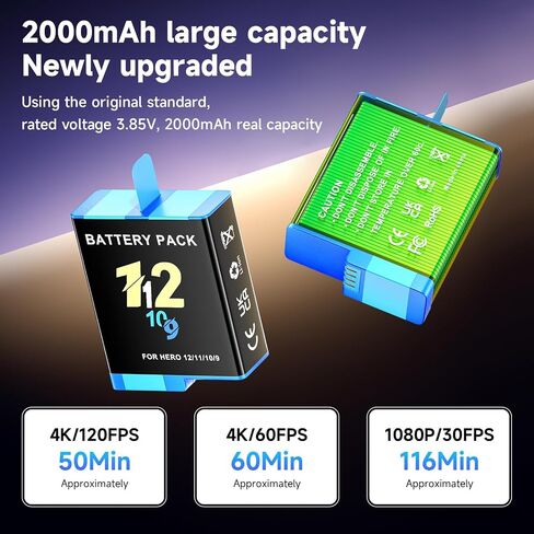2 Pack Battery Replacement for GoPro Hero 12 11 10 9 Black with Storage Box in Kuwait