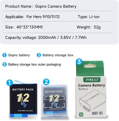 2 Pack Battery Replacement for GoPro Hero 12 11 10 9 Black with Storage Box in Kuwait