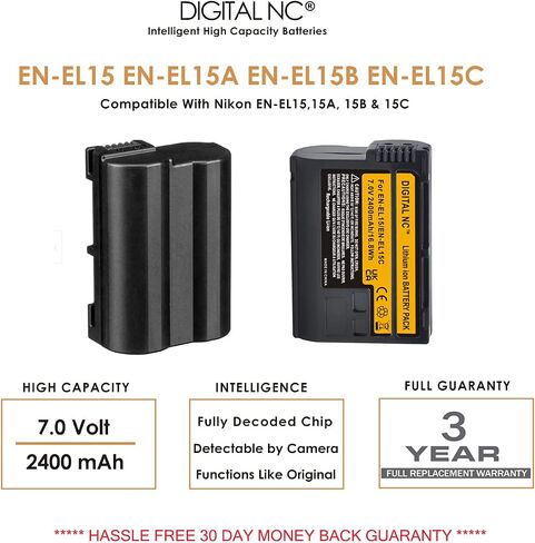 EN-EL15/15A/15B/15C High-Capacity Batteries (2 Pcs.) and AC/DC Battery Charger Compatible with Nikon Camera Models Z7 II, Z7, Z6 II, Z6, Z5, D7500, D7200, D7100, D7000, D850, D810, D800, & Many More in Saudi Arabia