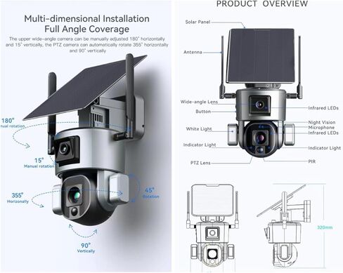 4K Camera Solar Security Camera Outdoor Wireless ، 360 ° PTZ Auto Tracking ، 20x Zoom & Pir Motion ، 4G/WiFi IP66 ، 20000mAh بطارية ، رؤية ليلية ملونة للأمن المنزلي (4G (20x)) in Kuwait
