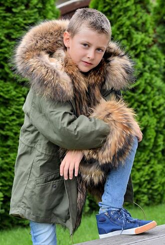 Aofur Kids Boys Fashion Hooded Fur Coat Fleece Lining Jacket Outdoor Trench Parka Warm Thick Winter Anorak Outwear in Kuwait