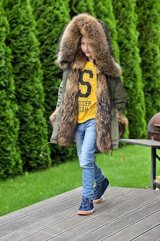 Aofur Kids Boys Fashion Hooded Fur Coat Fleece Lining Jacket Outdoor Trench Parka Warm Thick Winter Anorak Outwear in Kuwait