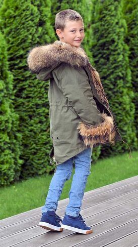 Aofur Kids Boys Fashion Hooded Fur Coat Fleece Lining Jacket Outdoor Trench Parka Warm Thick Winter Anorak Outwear in Kuwait