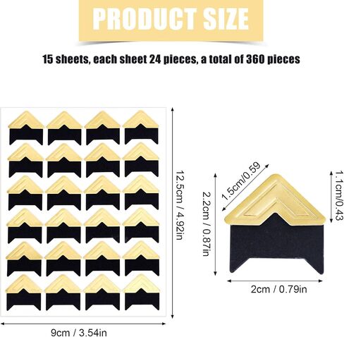 360pcs/15 Sheets Photo Corner Stickers, Self Adhesive Picture Mounting Corners for Scrapbooking Notebook Photo Album Memory Books Trip Journal (Gold, Black) in Saudi Arabia