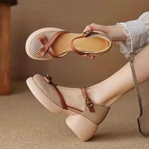 MAIITRIP Women's Elegant Platform Heel Wedge Sandals with Adjustable Buckle Ankle Straps,Closed Toe Breathable Mesh Shoes for Ladies,Summer Chunky Block Dressy Shoes for Weddings Parties Comfort in Kuwait