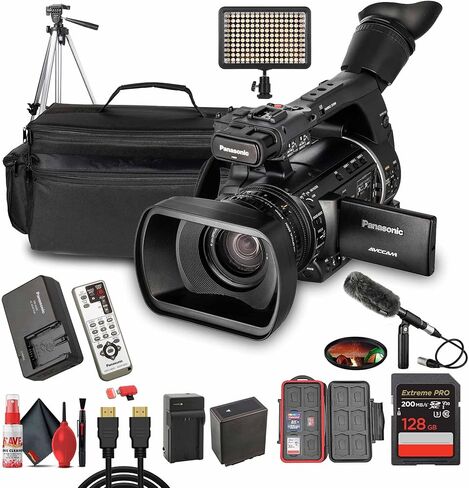 Panasonic AG-AC160 AVCCAM HD Camcorder-22x Zoom Lens ، مستشعر 3MOS ، فتحات بطاقة SD المزدوجة ، تسجيل 1080p/60p + بطاقة ذاكرة 128 جيجا بايت + ميكروفون خارجي + مصباح LED + 72 "Tripod + أكثر (حزمة) in Saudi Arabia