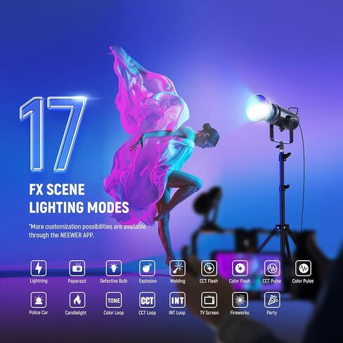 NEEWER 300W RGB LED Video Light with Reflector, APP & 2.4G Control, 2500K-7500K CCT, CRI97+, 29600Lux/1m, 17 Scenes, Bowens Mount Continuous Lighting for Studio Photography Recording Streaming, CB300C in Saudi Arabia