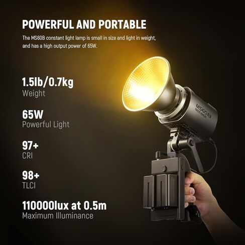 NEEWER MS60B LED Video Light 2.4G/APP Control with CRS6 Softbox Diffusion Dome, 65W Metal Mini Compact COB Continuous Output Lighting Spotlight PWM Dimming, Bowens Mount, Silver in Saudi Arabia