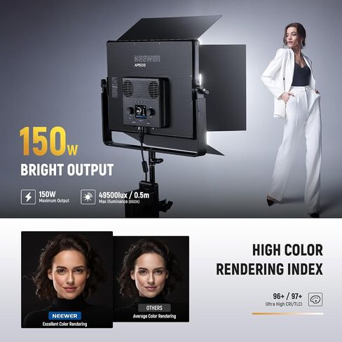 NEEWER AP150B 150W Bi Color LED Panel Video Light Kit, 1440 LEDs 49500Lux@0.5m 2500K-8500K for Pro Studio Photography Recording Stage Lighting with MS60 LED Video Light in Saudi Arabia